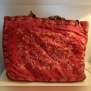 CHANEL Vintage  Red Bandana tote with chain Straps In VERY worn condition.